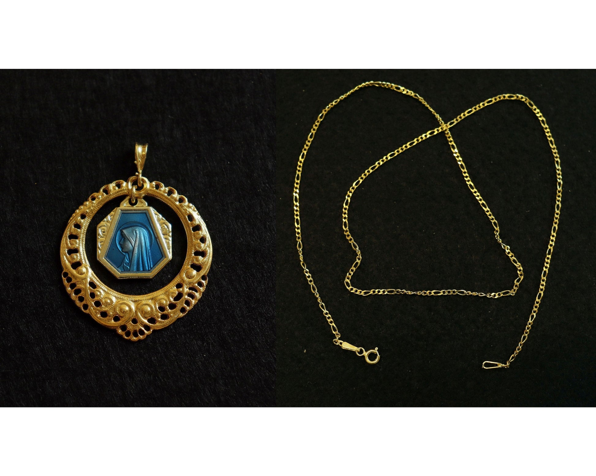 Virgin Mary Blue Enamel Vintage Pendant Medal in Vermeil open Work Frame with Vermeil Chain