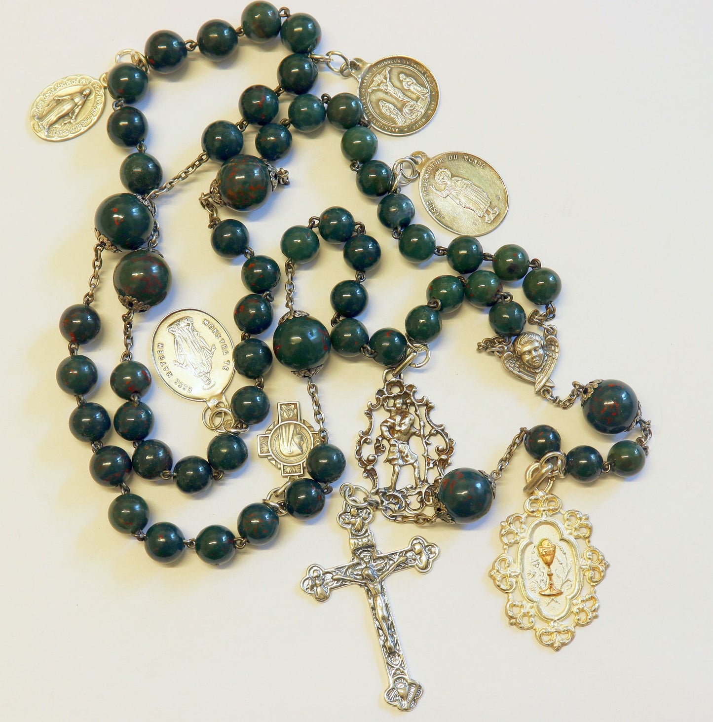 Vintage Bloodstone-- Heliotrope - and Sterling Silver Exceptional Catholic Rosary ca. 1925 w 7 Rare Medals ca. 1870-1920 – French - XXXR