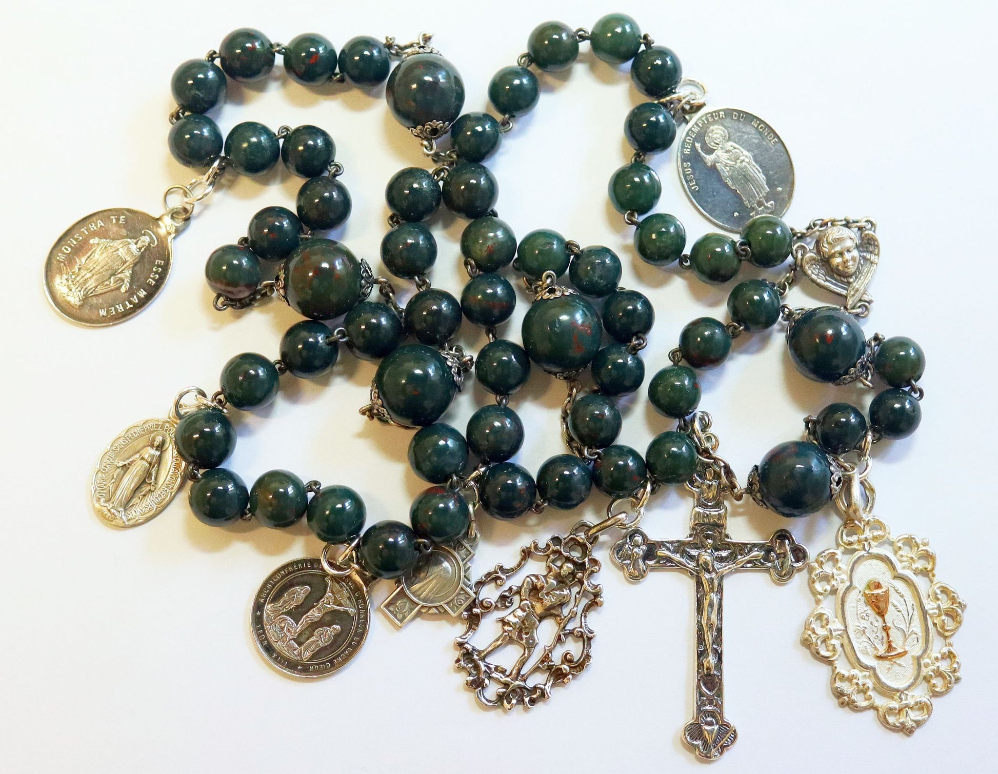 Vintage Bloodstone-- Heliotrope - and Sterling Silver Exceptional Catholic Rosary ca. 1925 w 7 Rare Medals ca. 1870-1920 – French - XXXR