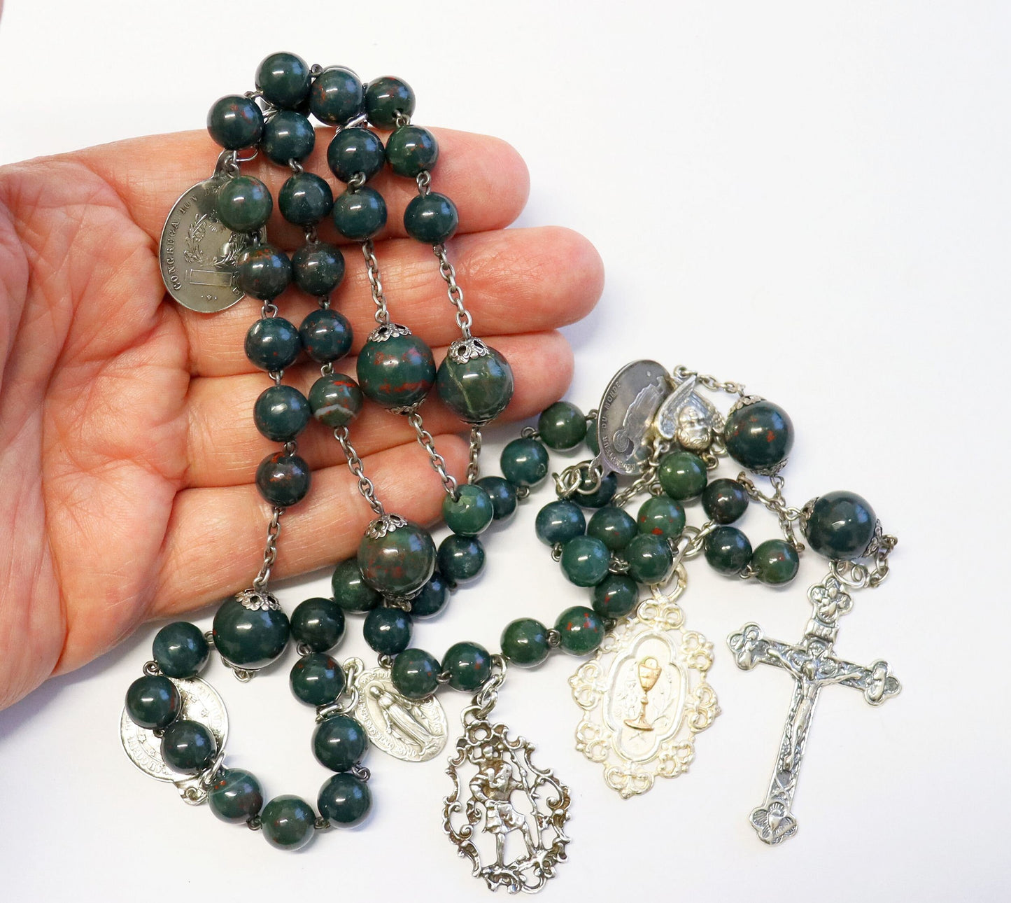 Vintage Bloodstone-- Heliotrope - and Sterling Silver Exceptional Catholic Rosary ca. 1925 w 7 Rare Medals ca. 1870-1920 – French - XXXR