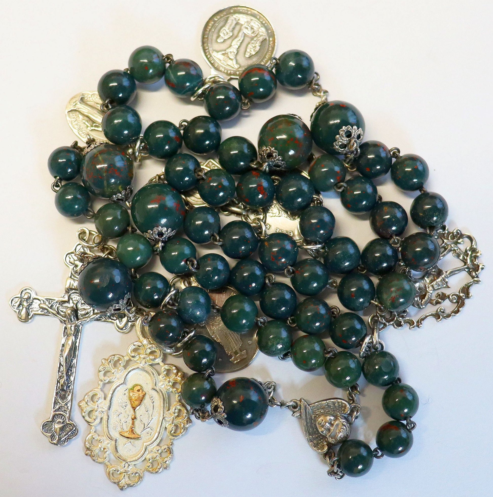 Vintage Bloodstone-- Heliotrope - and Sterling Silver Exceptional Catholic Rosary ca. 1925 w 7 Rare Medals ca. 1870-1920 – French - XXXR