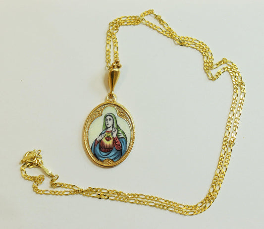Vintage Enamel Medal heart of Mary on Fire Miniature Hand Painted in Gold Plated Stylized Frame w Chain- Very Rare, Unique