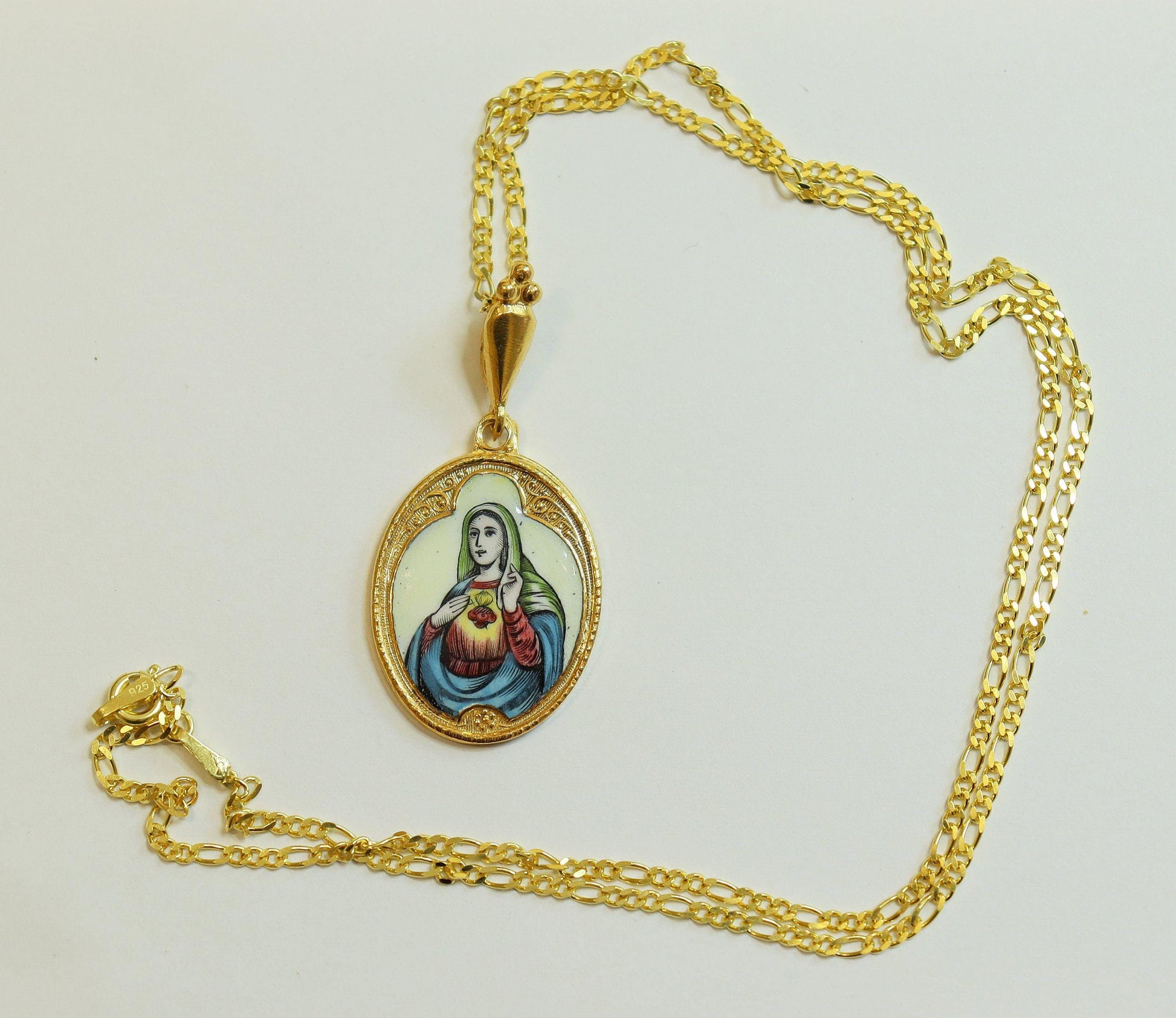 Vintage Enamel Mary Medal Necklace: Hand-Painted Gold-Plated Sterling Silver Chain