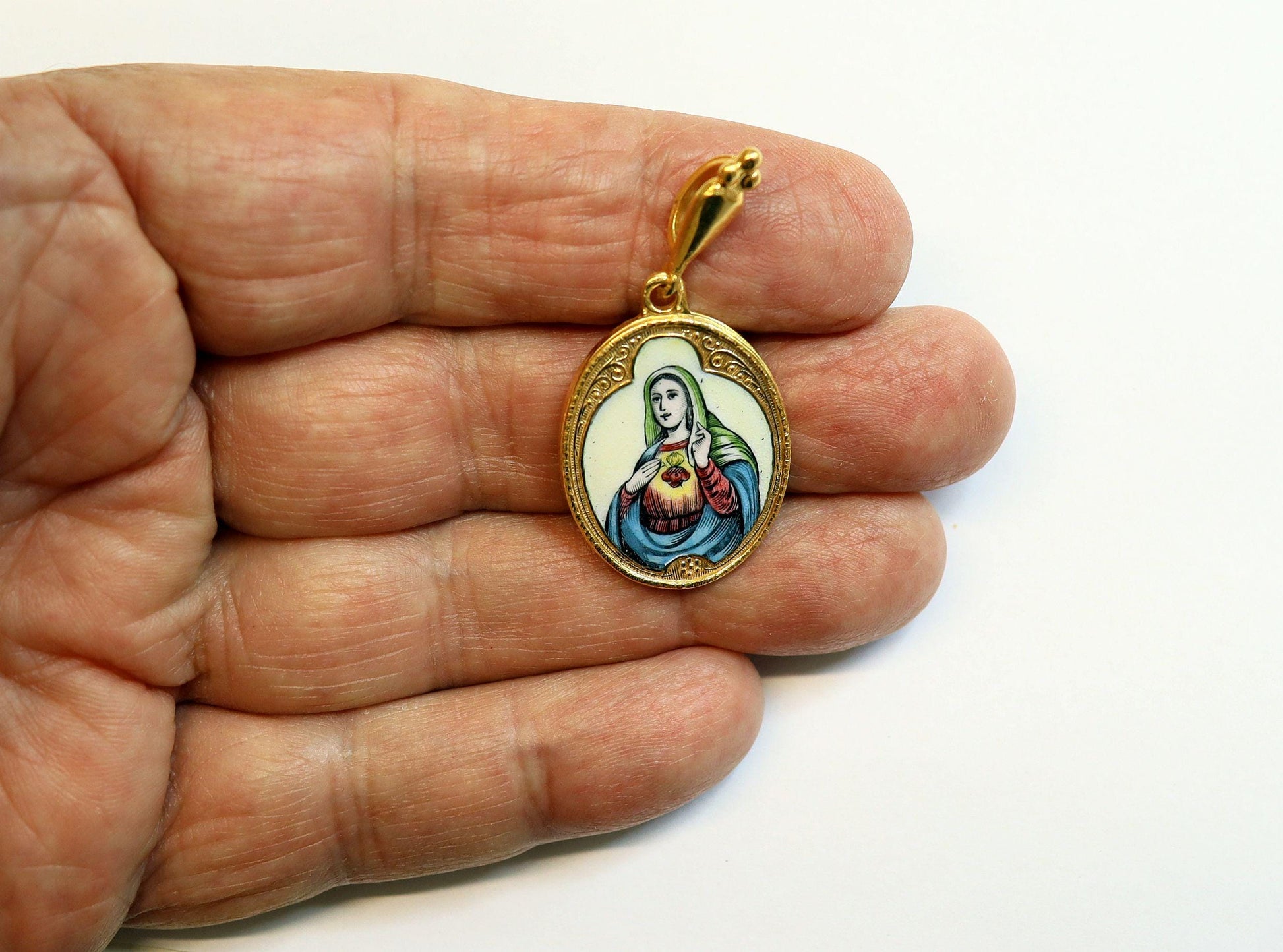 Vintage Enamel Medal heart of Mary on Fire Miniature Hand Painted in Gold Plated Stylized Frame w Chain- Very Rare, Unique