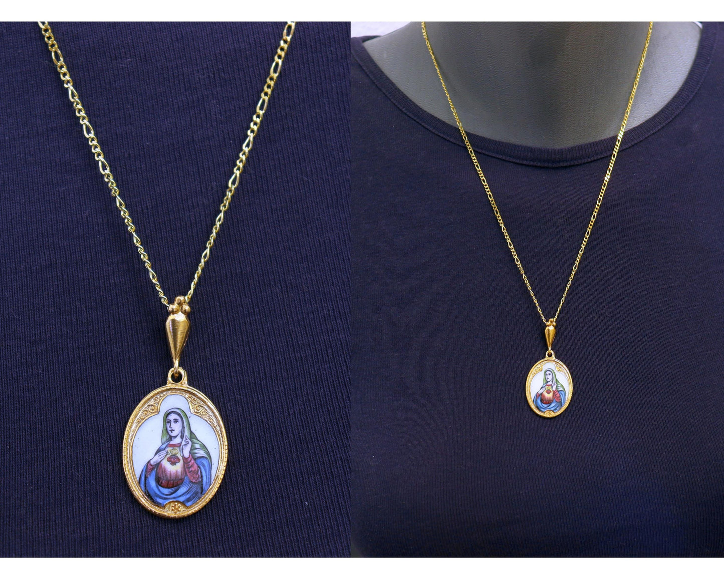 Vintage Enamel Medal heart of Mary on Fire Miniature Hand Painted in Gold Plated Stylized Frame w Chain- Very Rare, Unique