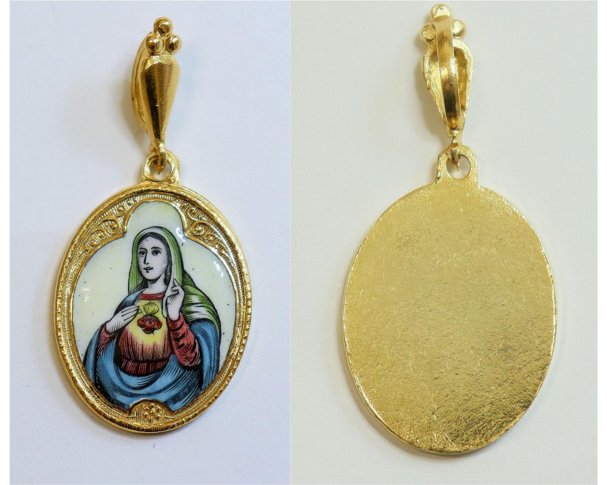 Vintage Enamel Medal heart of Mary on Fire Miniature Hand Painted in Gold Plated Stylized Frame w Chain- Very Rare, Unique