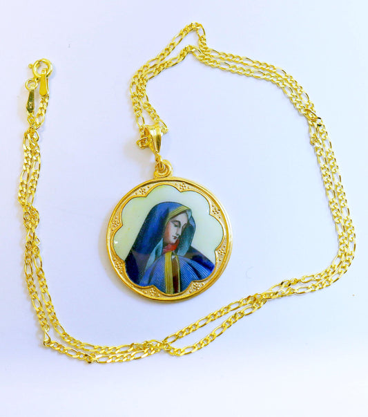 Vintage Enamel Medal of Mary as Mater Dolorosa Hand Painted in Gold Plated Stylized Frame w Chain- Very Rare, Unique