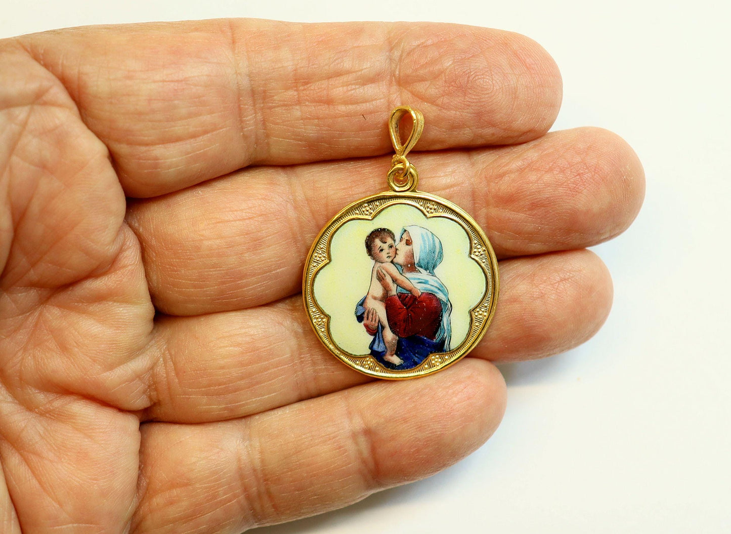 Vintage Enamel Medal of Mary with Baby Jesus Hand Painted in Gold Plated Stylized Frame w Chain- Unique, very Rare