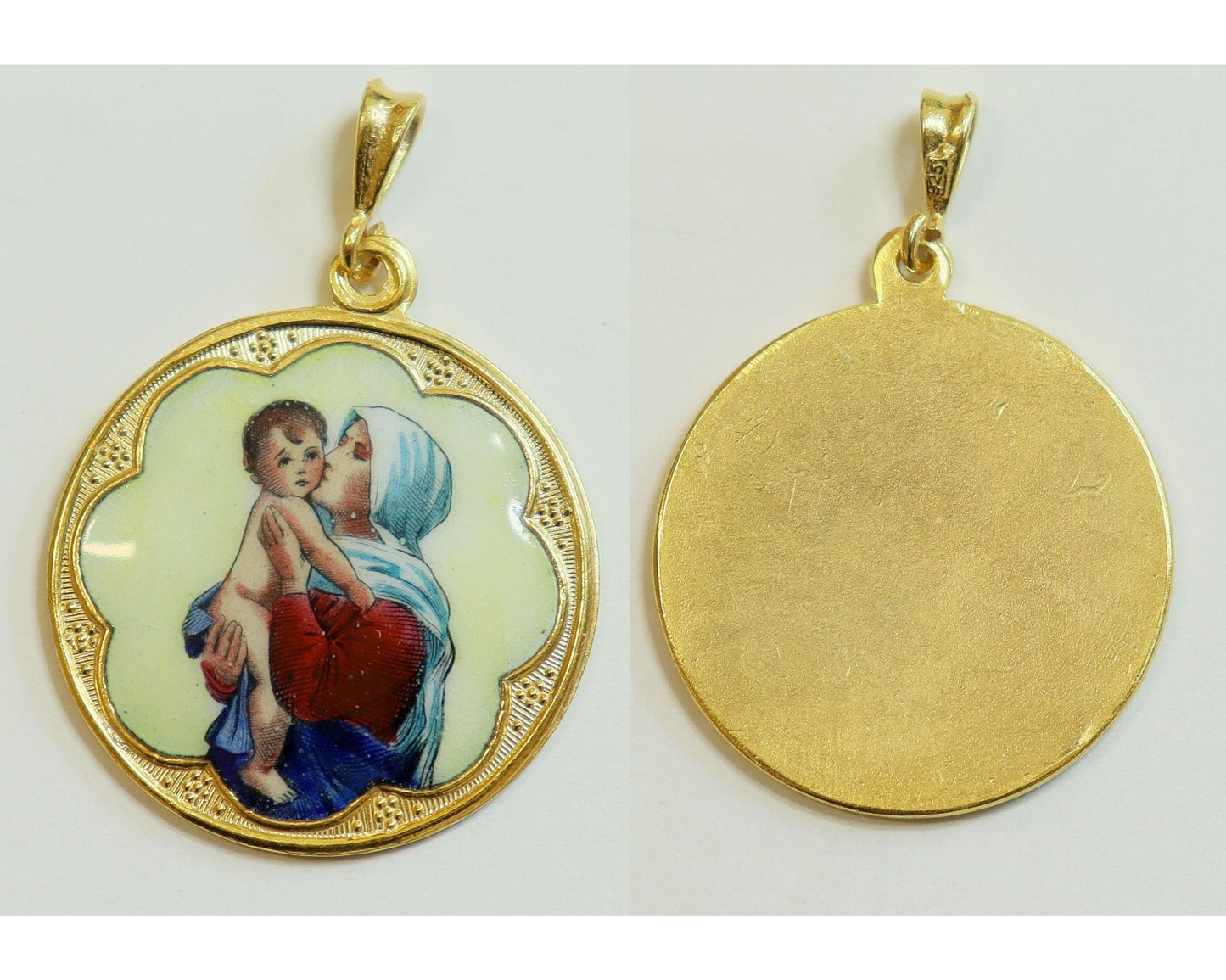 Vintage Enamel Medal of Mary with Baby Jesus Hand Painted in Gold Plated Stylized Frame w Chain- Unique, very Rare