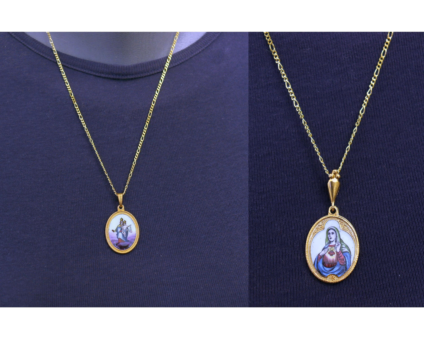 Vintage Enamel Medal of Our Lady of Carmel Hand Painted in Gold Plated Stylized Frame w Opional Chain - Rare and Unique