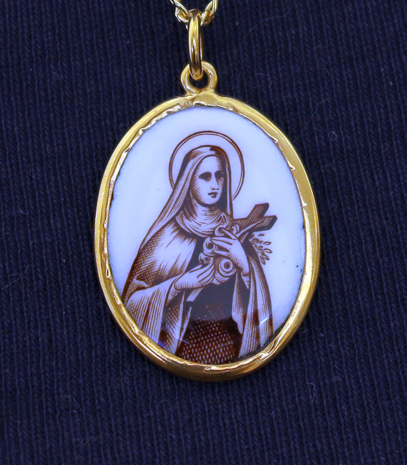 Vintage Enamel Medal double sided medal of Saint Therese Hand Painted in Gold Plated Frame w Opional Chain - Rare and Unique