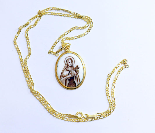 Vintage Enamel Medal double sided medal of Saint Therese Hand Painted in Gold Plated Frame w Opional Chain - Rare and Unique