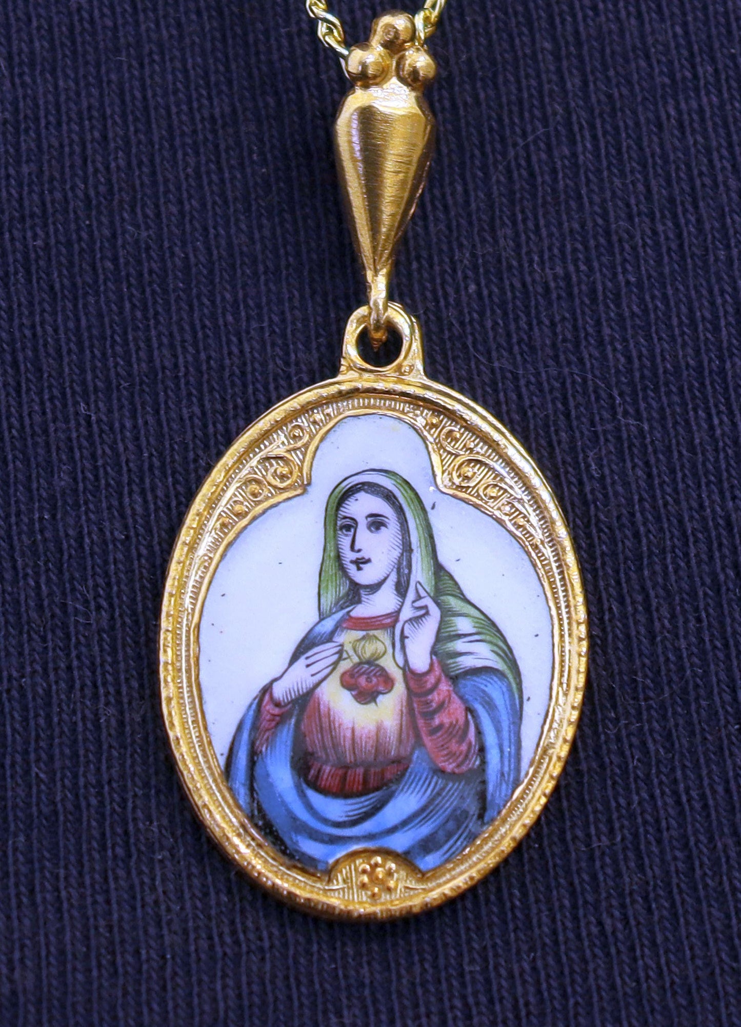 Vintage Enamel Medal heart of Mary on Fire Miniature Hand Painted in Gold Plated Stylized Frame w Chain- Very Rare, Unique