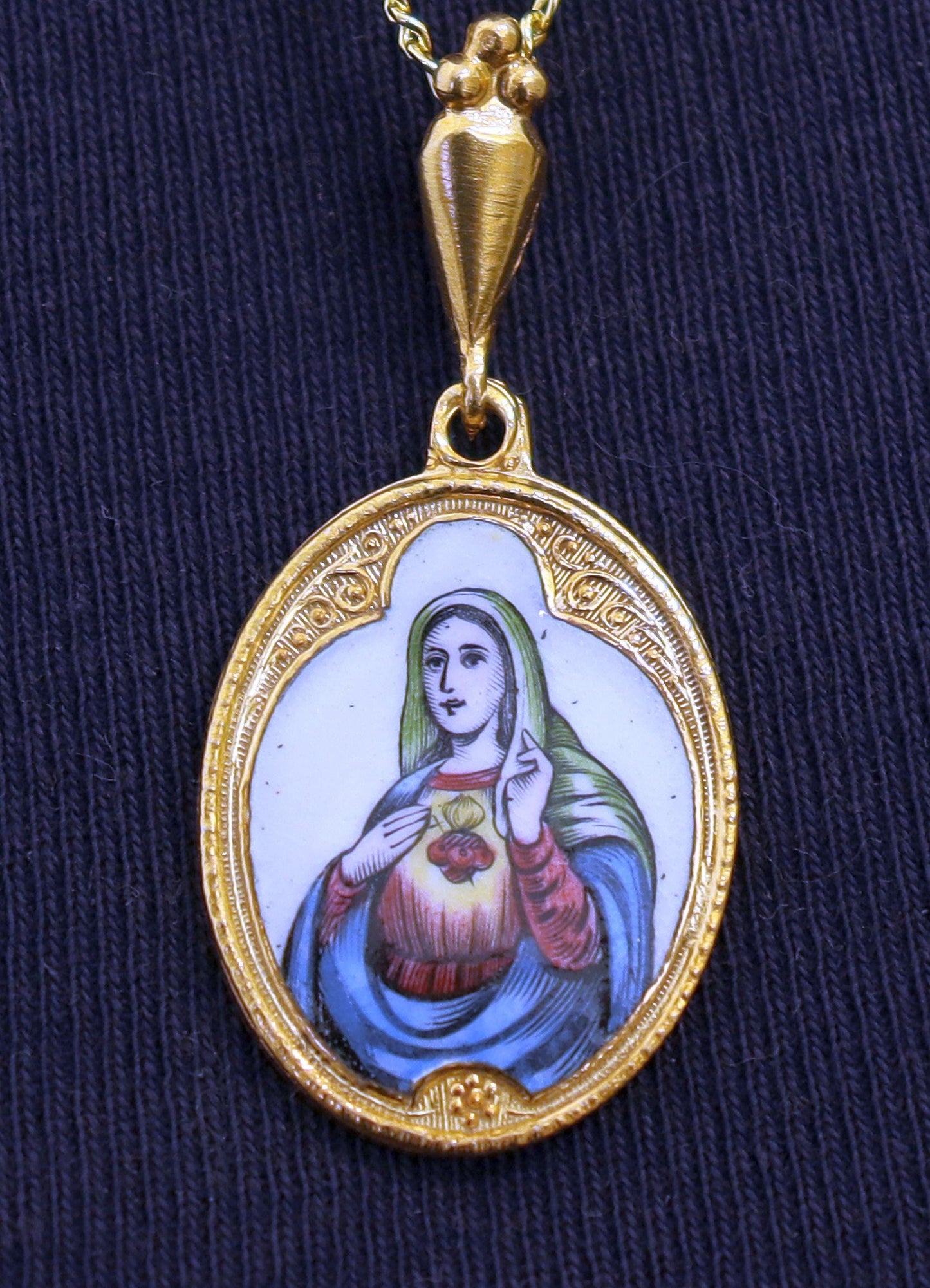 Vintage Enamel Mary Medal Necklace: Hand-Painted Gold-Plated Sterling Silver Chain