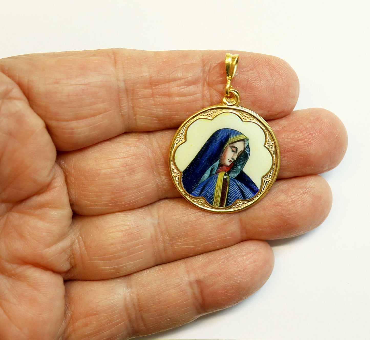 Vintage Enamel Medal of Mary as Mater Dolorosa Hand Painted in Gold Plated Stylized Frame w Chain- Very Rare, Unique