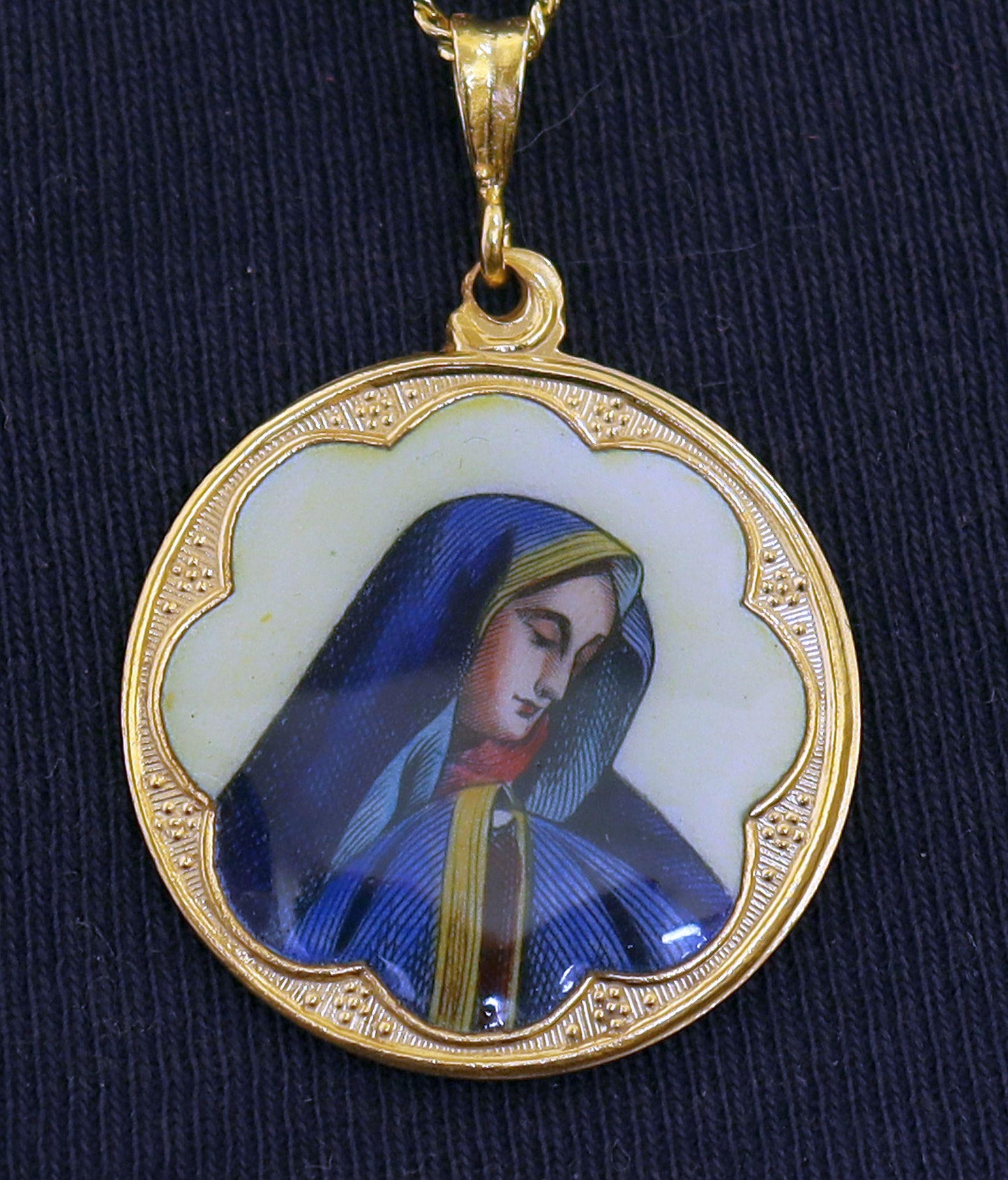 Vintage Enamel Medal of Mary as Mater Dolorosa Hand Painted in Gold Plated Stylized Frame w Chain- Very Rare, Unique