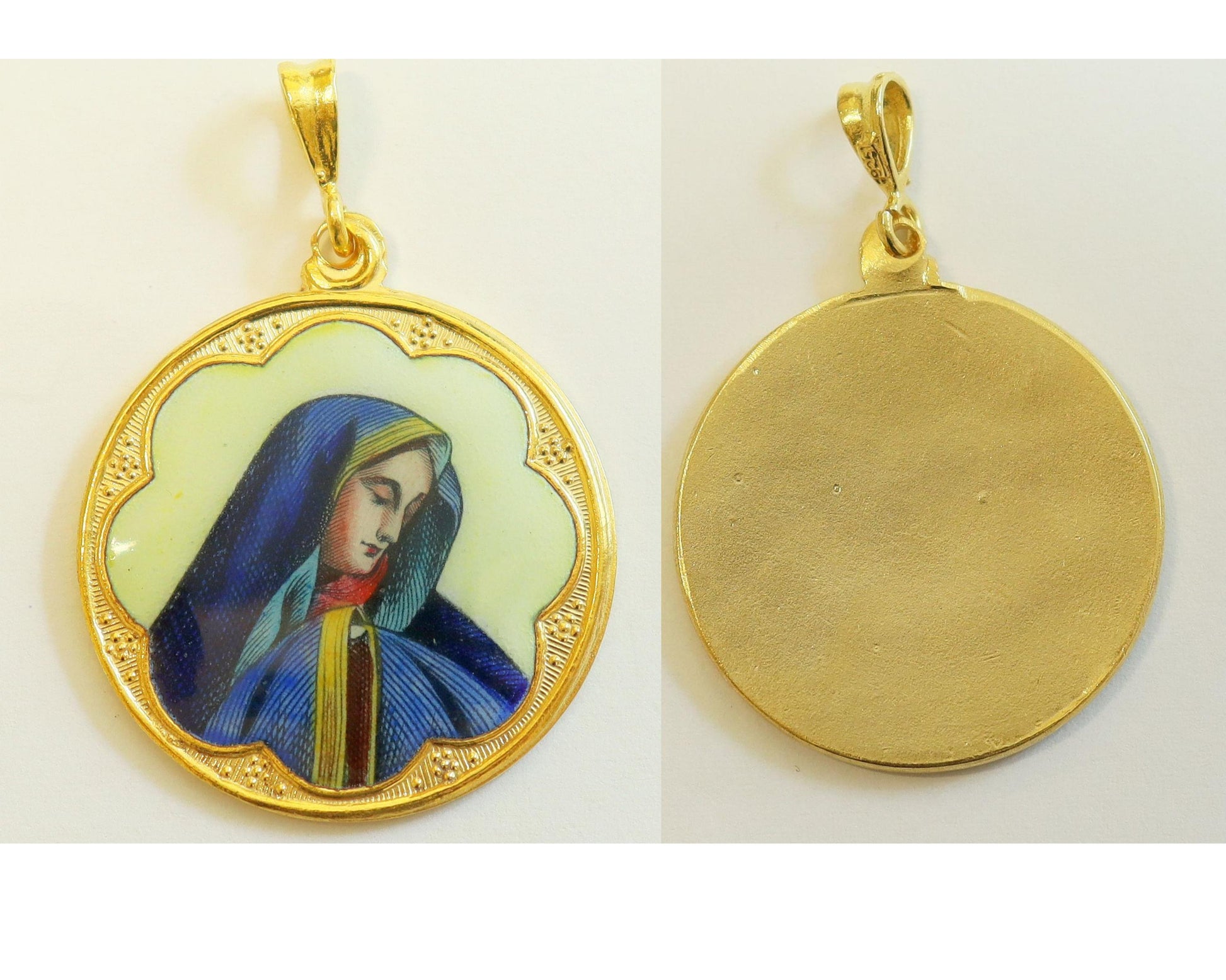 Vintage Enamel Medal of Mary as Mater Dolorosa Hand Painted in Gold Plated Stylized Frame w Chain- Very Rare, Unique