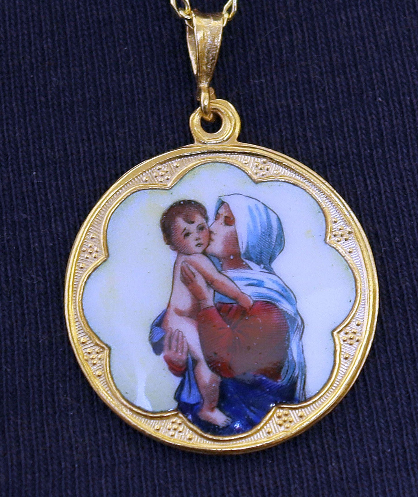 Vintage Enamel Medal of Mary with Baby Jesus Hand Painted in Gold Plated Stylized Frame w Chain- Unique, very Rare