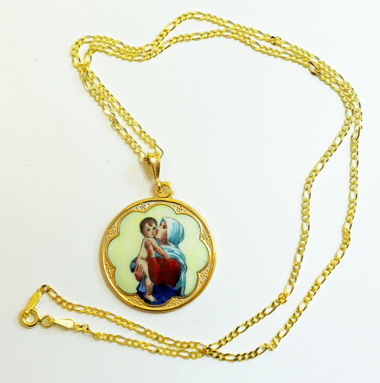 Vintage Enamel Medal of Mary with Baby Jesus Hand Painted in Gold Plated Stylized Frame w Chain- Unique, very Rare
