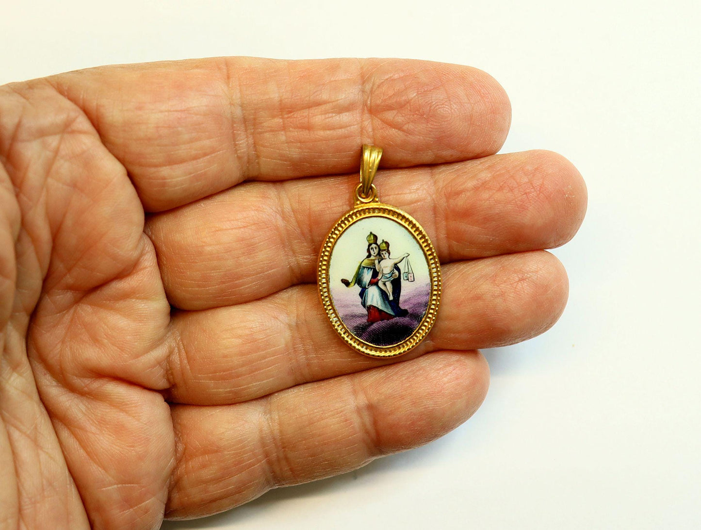 Vintage Enamel Medal of Our Lady of Carmel Hand Painted in Gold Plated Stylized Frame w Opional Chain - Rare and Unique