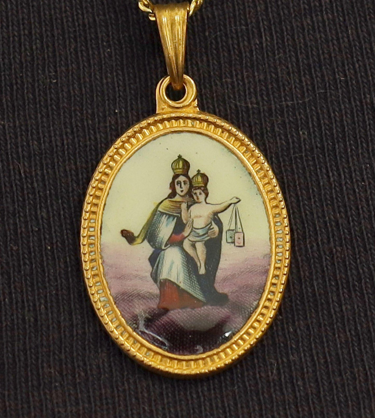 Vintage Enamel Medal of Our Lady of Carmel Hand Painted in Gold Plated Stylized Frame w Opional Chain - Rare and Unique