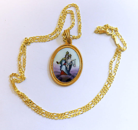 Vintage Enamel Medal of Our Lady of Carmel Hand Painted in Gold Plated Stylized Frame w Opional Chain - Rare and Unique