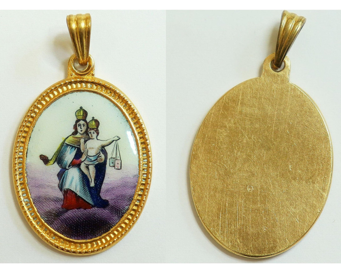 Vintage Enamel Medal of Our Lady of Carmel Hand Painted in Gold Plated Stylized Frame w Opional Chain - Rare and Unique