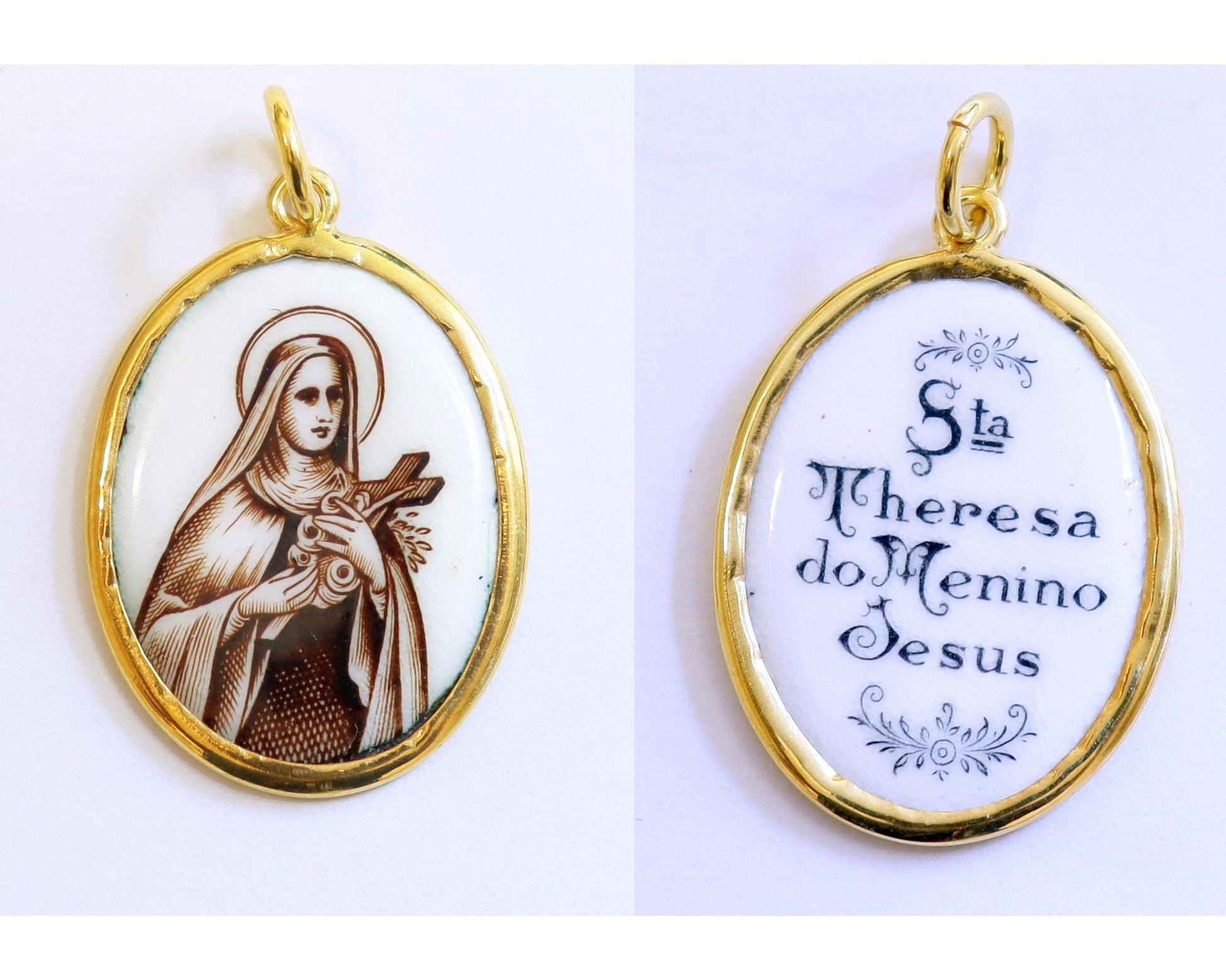 Vintage Enamel Medal double sided medal of Saint Therese Hand Painted in Gold Plated Frame w Opional Chain - Rare and Unique