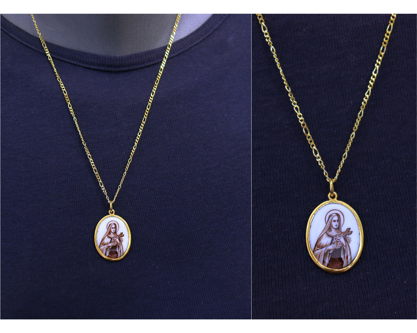 Vintage Enamel Medal double sided medal of Saint Therese Hand Painted in Gold Plated Frame w Opional Chain - Rare and Unique