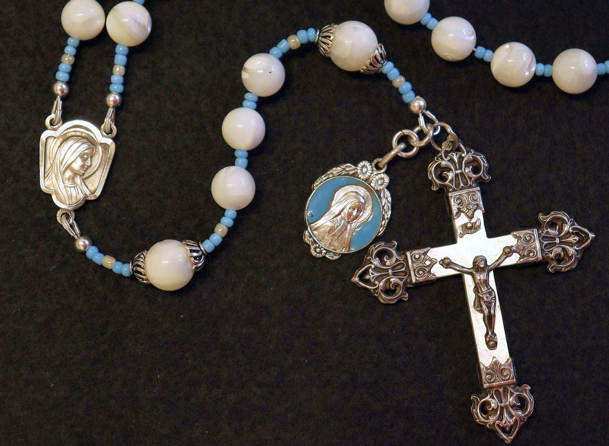 Vintage Catholic Rosary MOP w Sterling Cross, Blue & Enamel Medal, Rosenkranz Antik Kreuz
