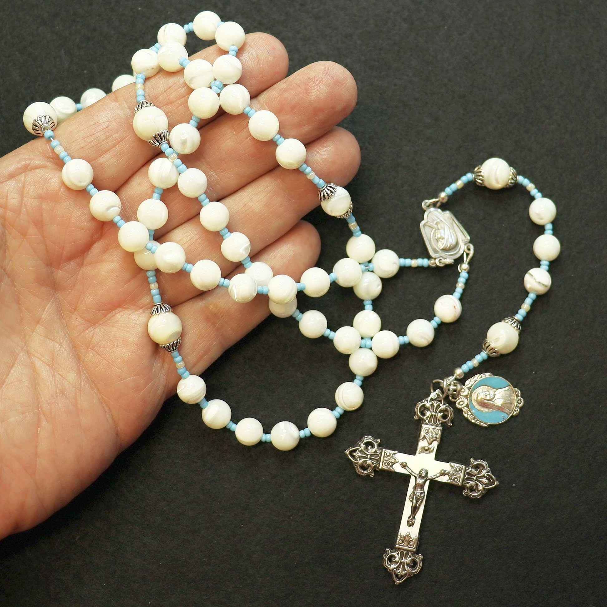 Vintage Catholic Rosary MOP w Sterling Cross, Blue & Enamel Medal, Rosenkranz Antik Kreuz