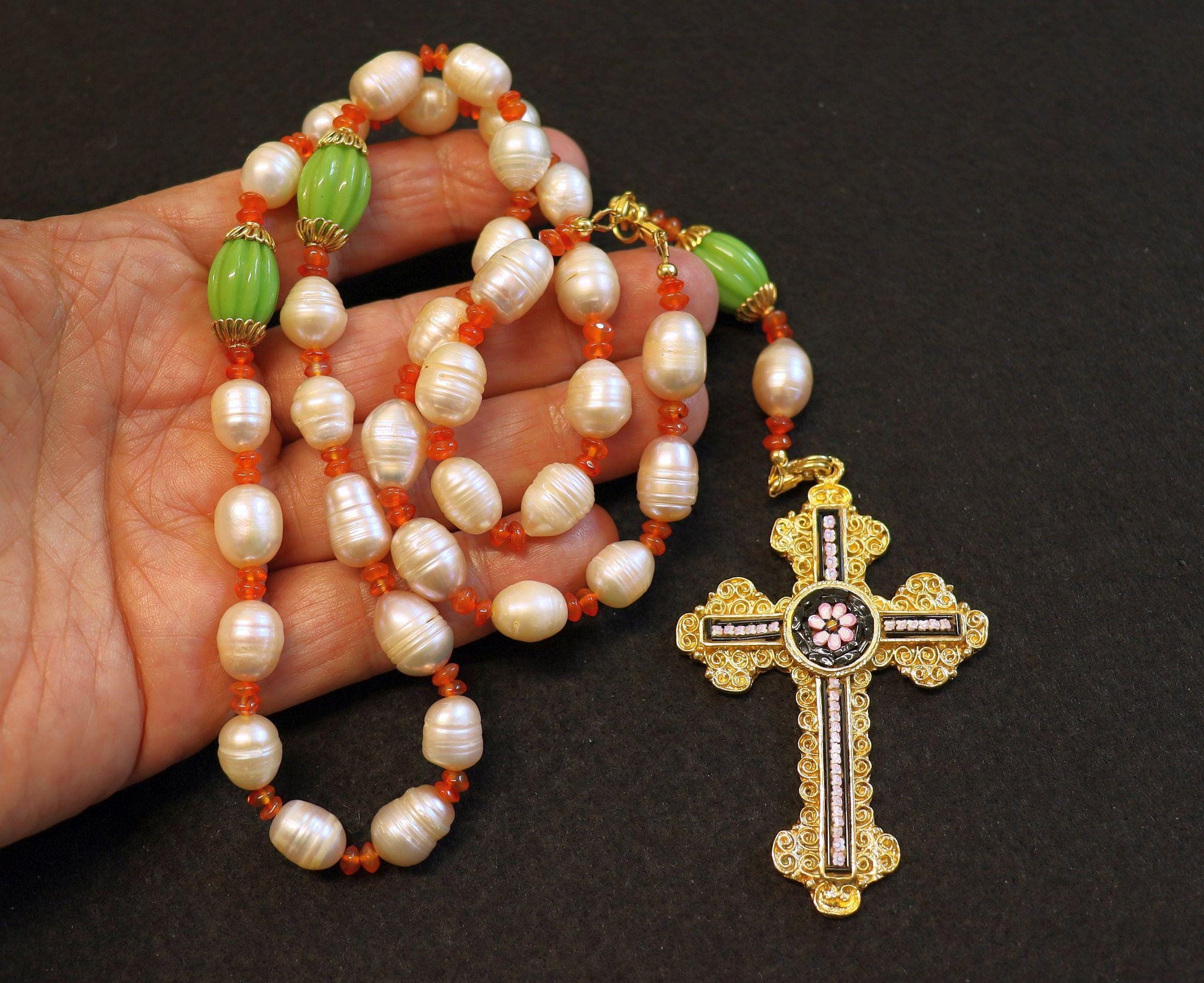 3 Way Wearable Beaded Chotki Komboskini Christian ORTHODOX Rosary with Pearls, Agates, Gold & Micromosaic Cross