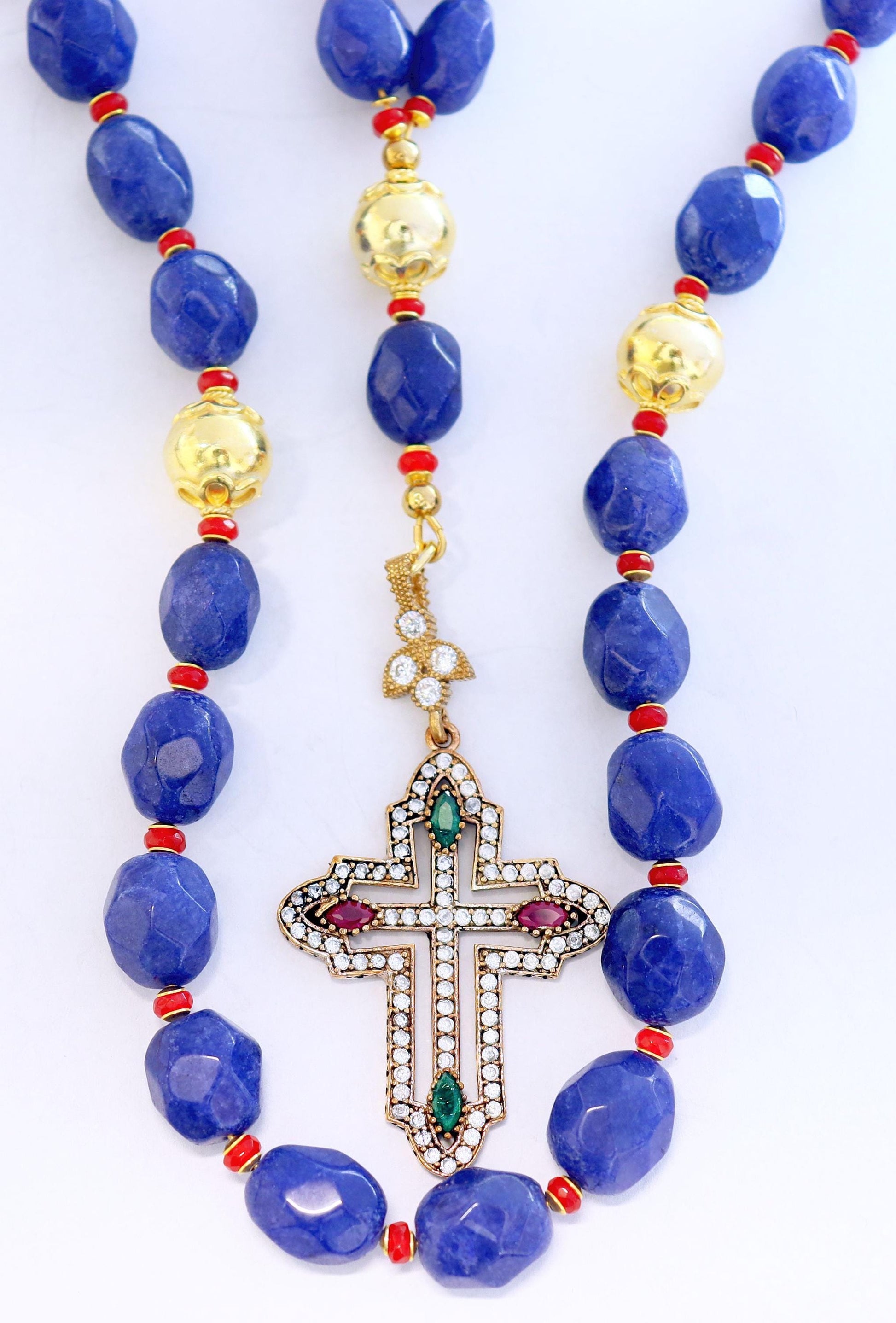 Beaded Chotki, Komboskini, Genuine Sapphire and Ruby w Vermeil Metal Parts - Unique and impressive ORTHODOX Rosary with Special Cross