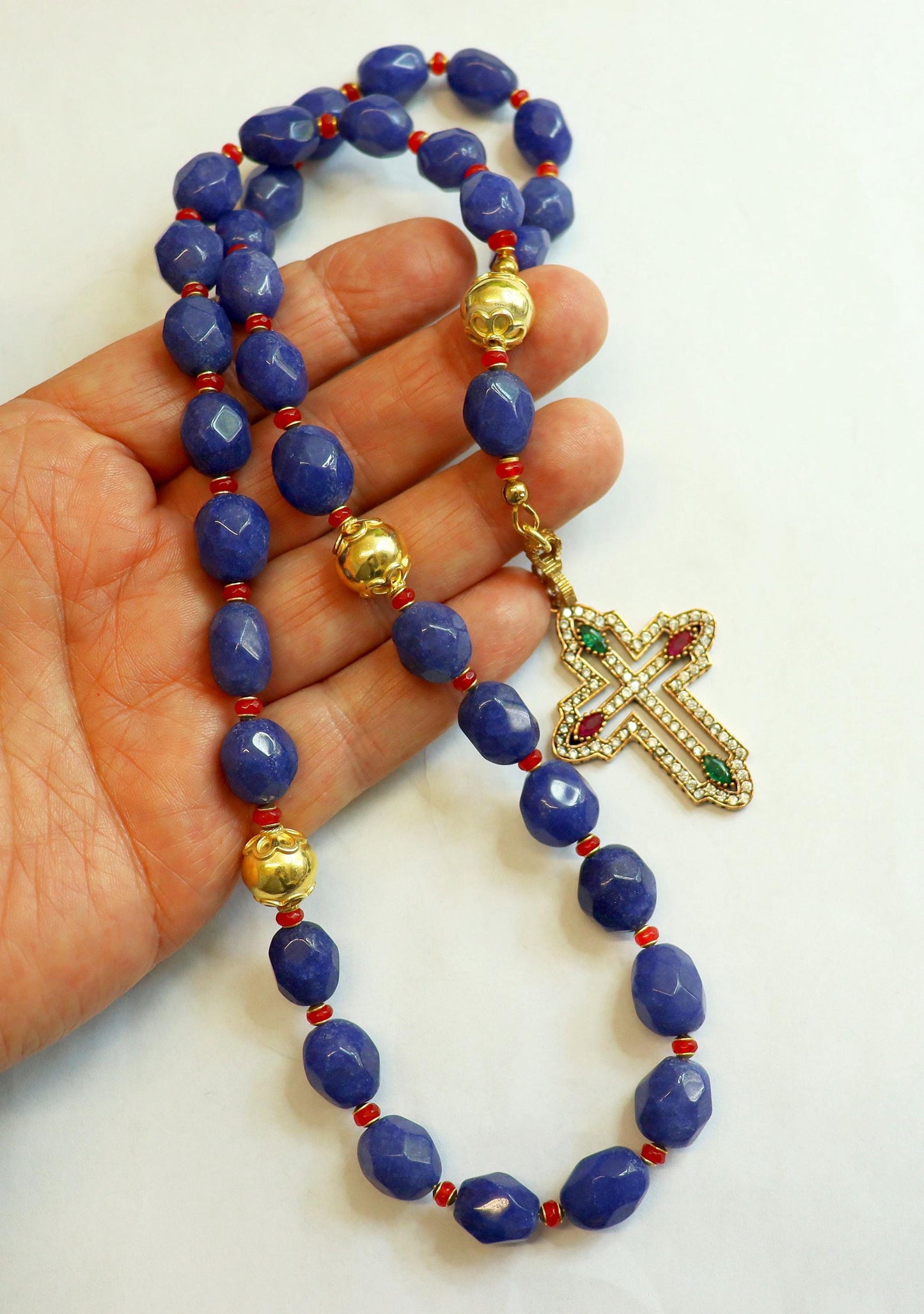 Beaded Chotki, Komboskini, Genuine Sapphire and Ruby w Vermeil Metal Parts - Unique and impressive ORTHODOX Rosary with Special Cross