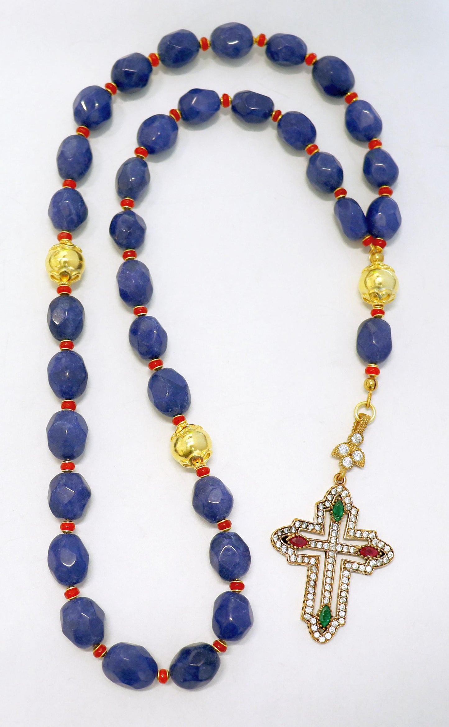 Beaded Chotki, Komboskini, Genuine Sapphire and Ruby w Vermeil Metal Parts - Unique and impressive ORTHODOX Rosary with Special Cross