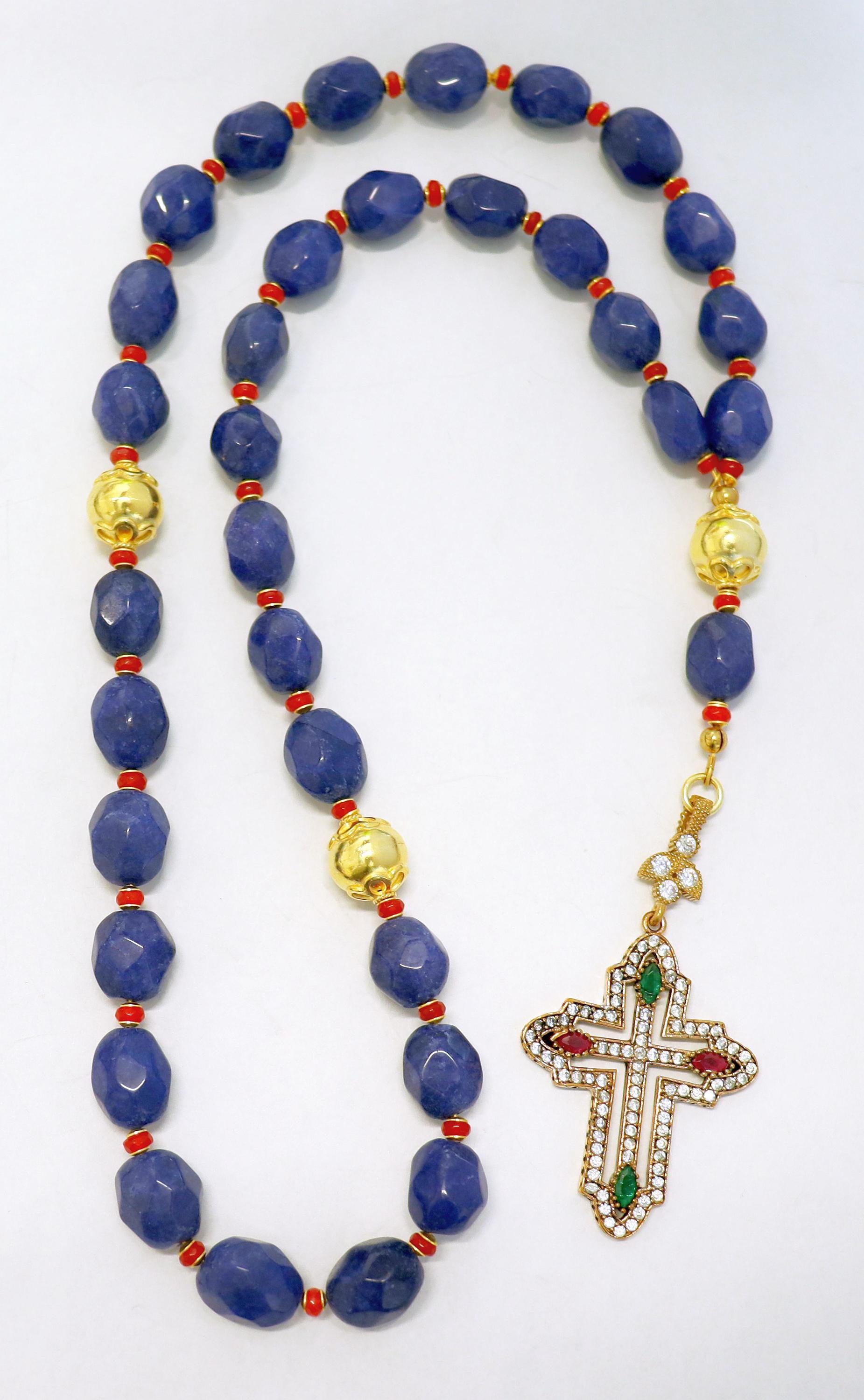 Beaded Chotki, Komboskini, Genuine Sapphire and Ruby w Vermeil Metal Parts - Unique and impressive ORTHODOX Rosary with Special Cross