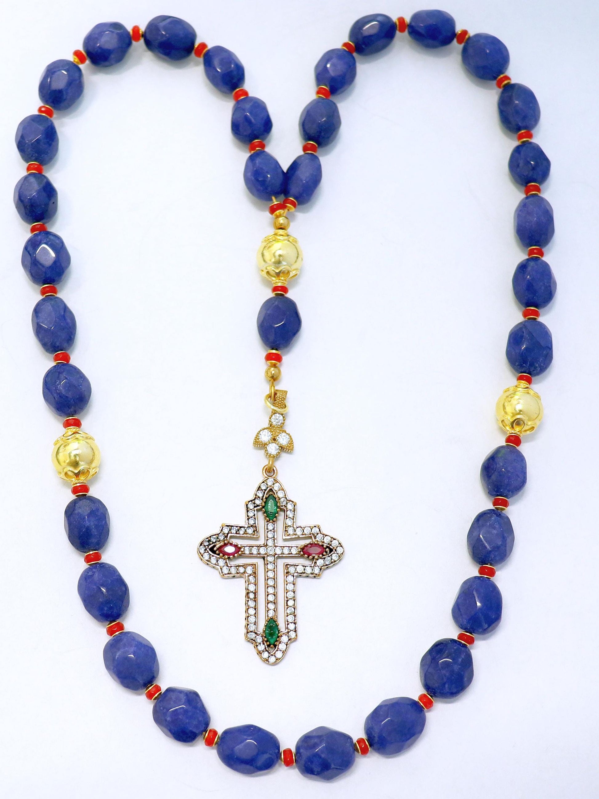 Beaded Chotki, Komboskini, Genuine Sapphire and Ruby w Vermeil Metal Parts - Unique and impressive ORTHODOX Rosary with Special Cross