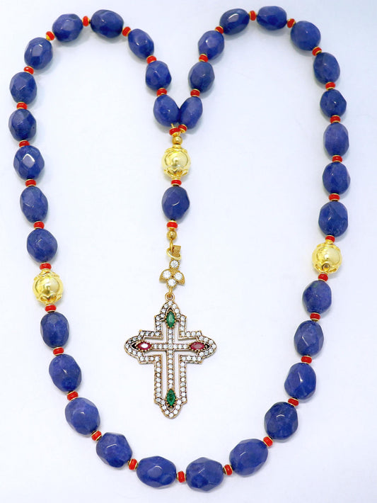 Beaded Chotki, Komboskini, Genuine Sapphire and Ruby w Vermeil Metal Parts - Unique and impressive ORTHODOX Rosary with Special Cross