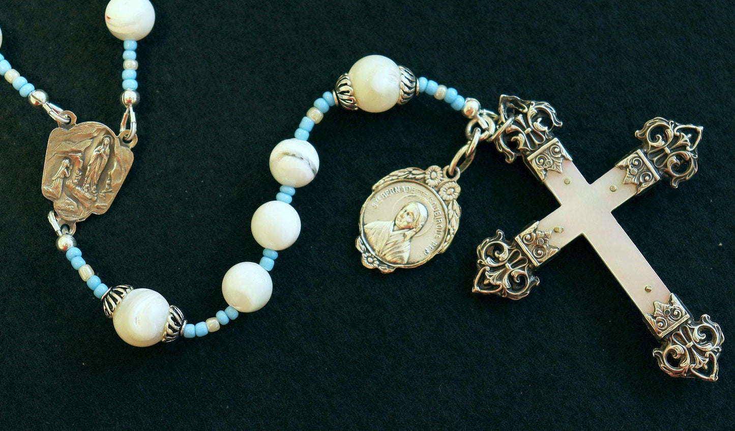 Vintage Catholic Rosary MOP w Sterling Cross, Blue & Enamel Medal, Rosenkranz Antik Kreuz