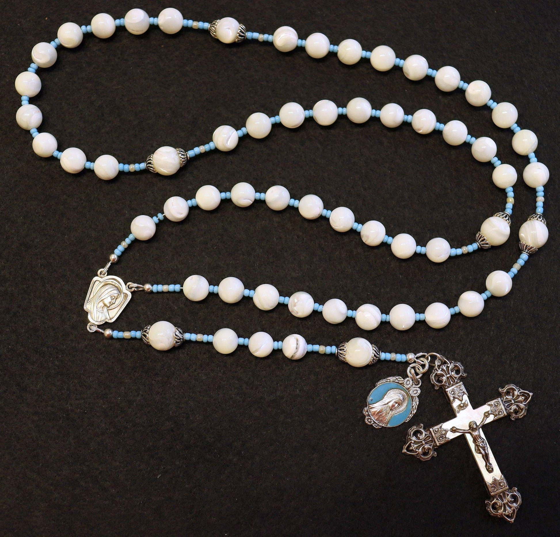 Vintage Catholic Rosary MOP w Sterling Cross, Blue & Enamel Medal, Rosenkranz Antik Kreuz