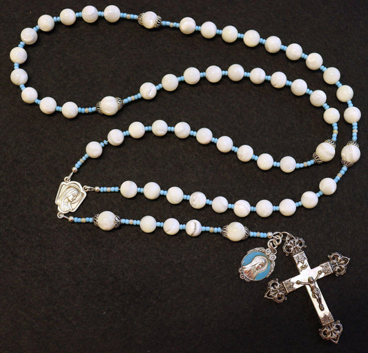 Vintage Catholic Rosary MOP w Sterling Cross, Blue & Enamel Medal, Rosenkranz Antik Kreuz