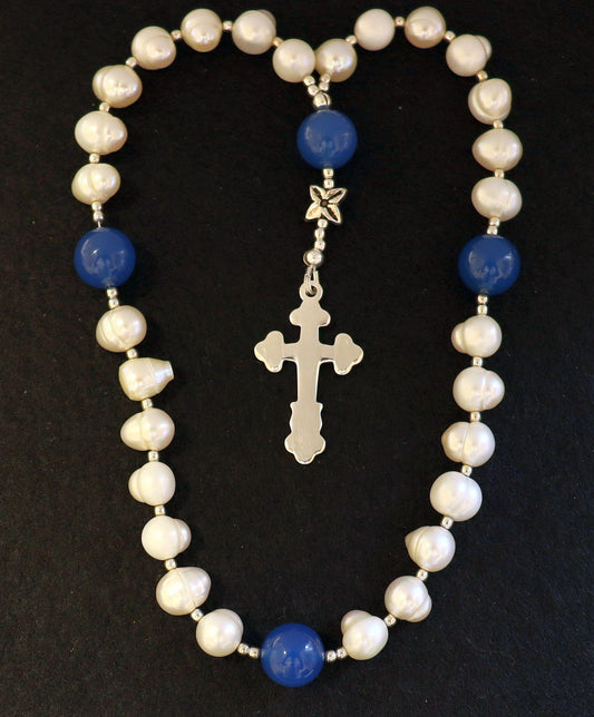 Anglican Episcopal Rosary Prayer Beads : Pearl, Chalcedony and Sterling Silver
