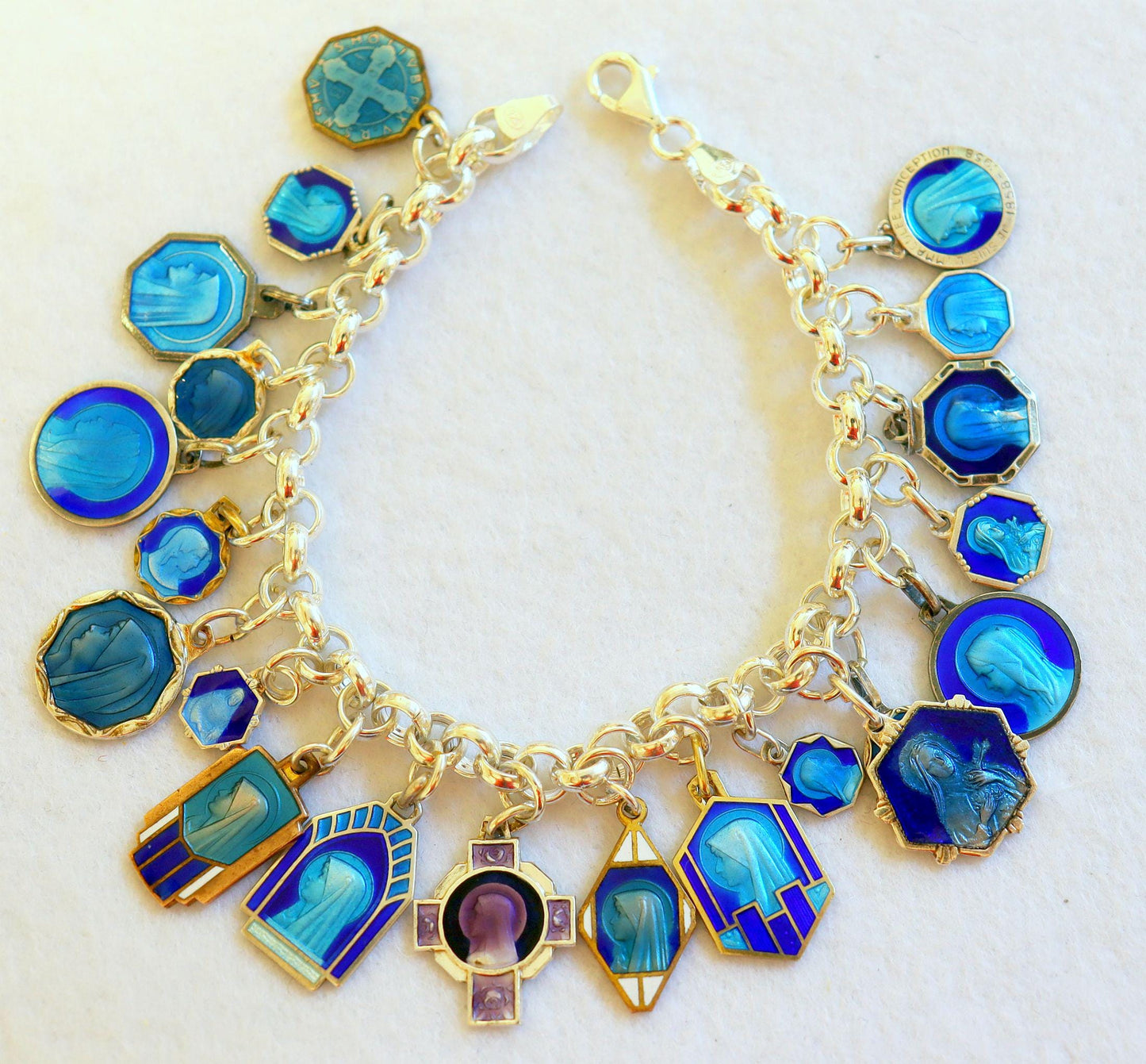 Vintage Charm Bracelet w 20 Sterling Silver Rare Religious Medals Enameled on Both Sides, All Pristine, on heavy & large Sterling Chain