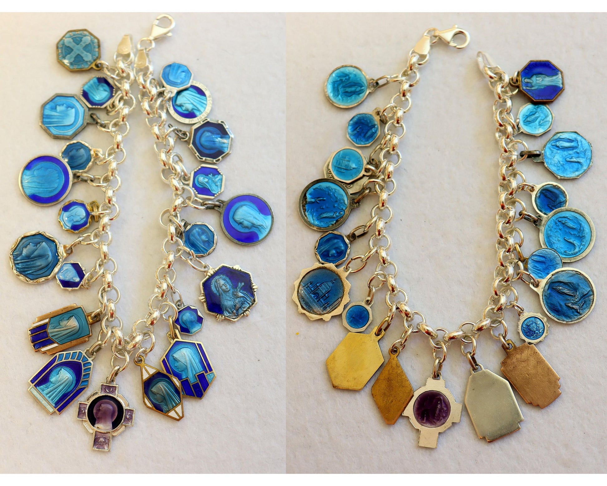 Vintage Charm Bracelet w 20 Sterling Silver Rare Religious Medals Enameled on Both Sides, All Pristine, on heavy & large Sterling Chain