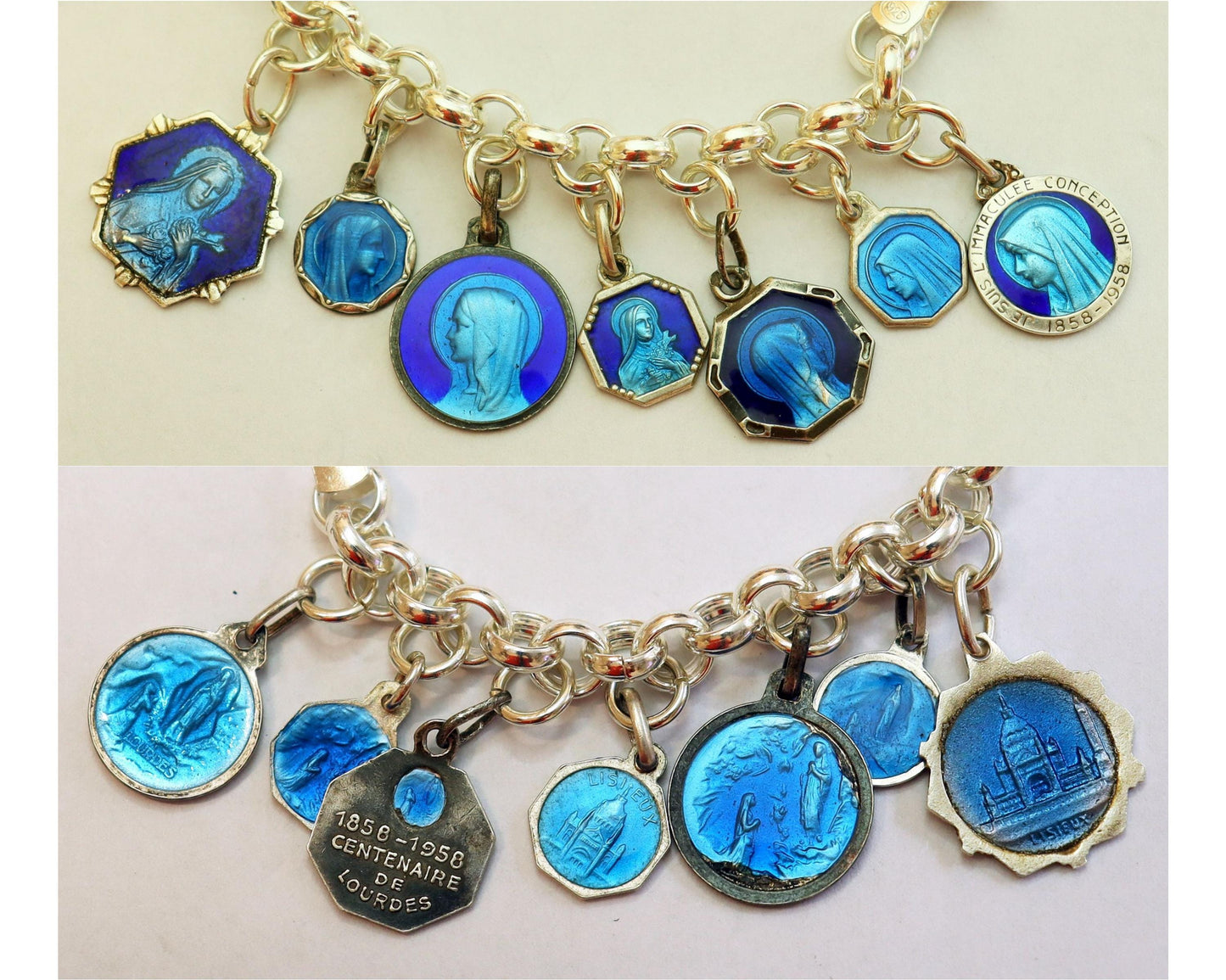 Vintage Charm Bracelet w 20 Sterling Silver Rare Religious Medals Enameled on Both Sides, All Pristine, on heavy & large Sterling Chain
