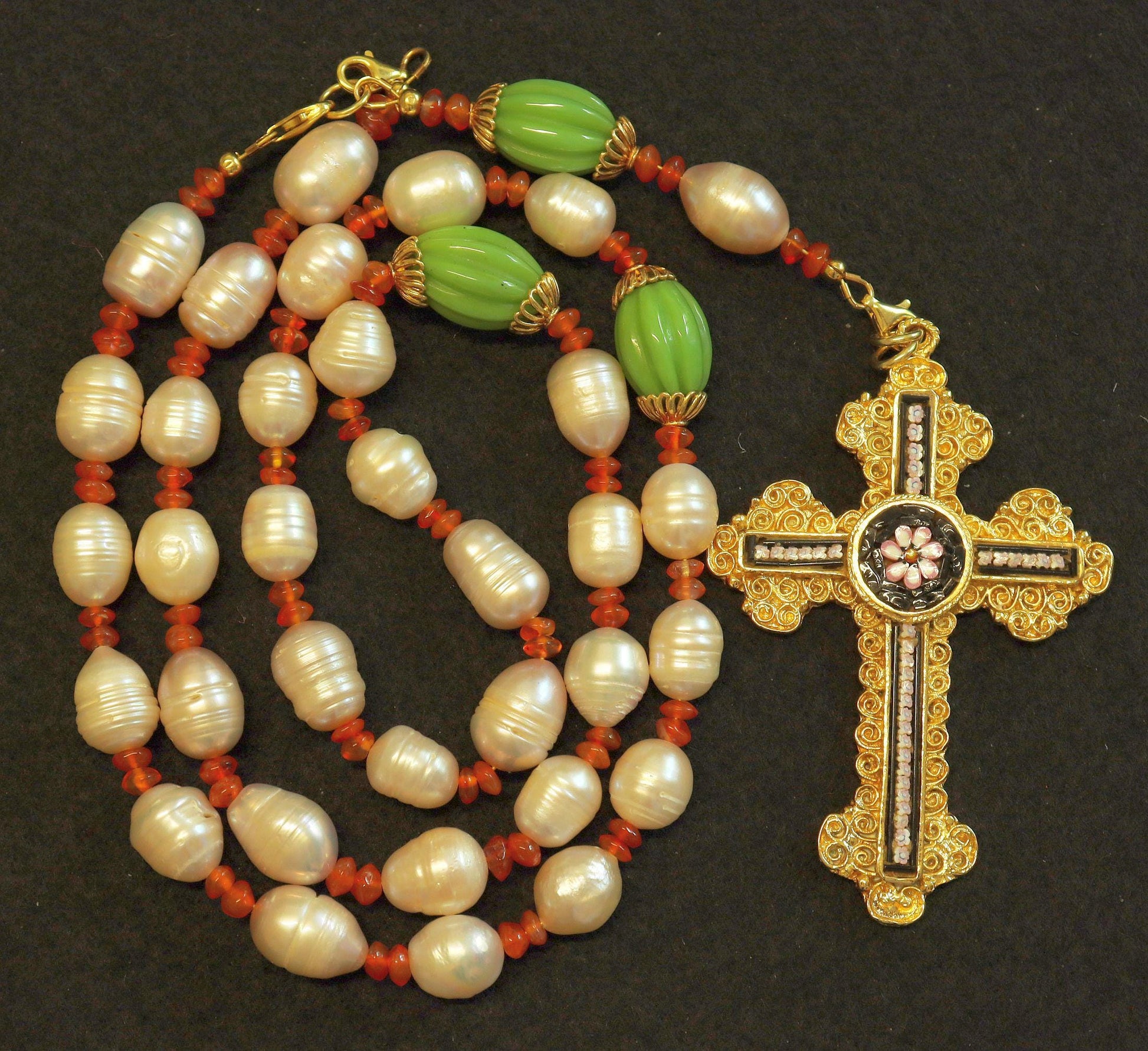 3 Way Wearable Beaded Chotki Komboskini Christian ORTHODOX Rosary with Pearls, Agates, Gold & Micromosaic Cross