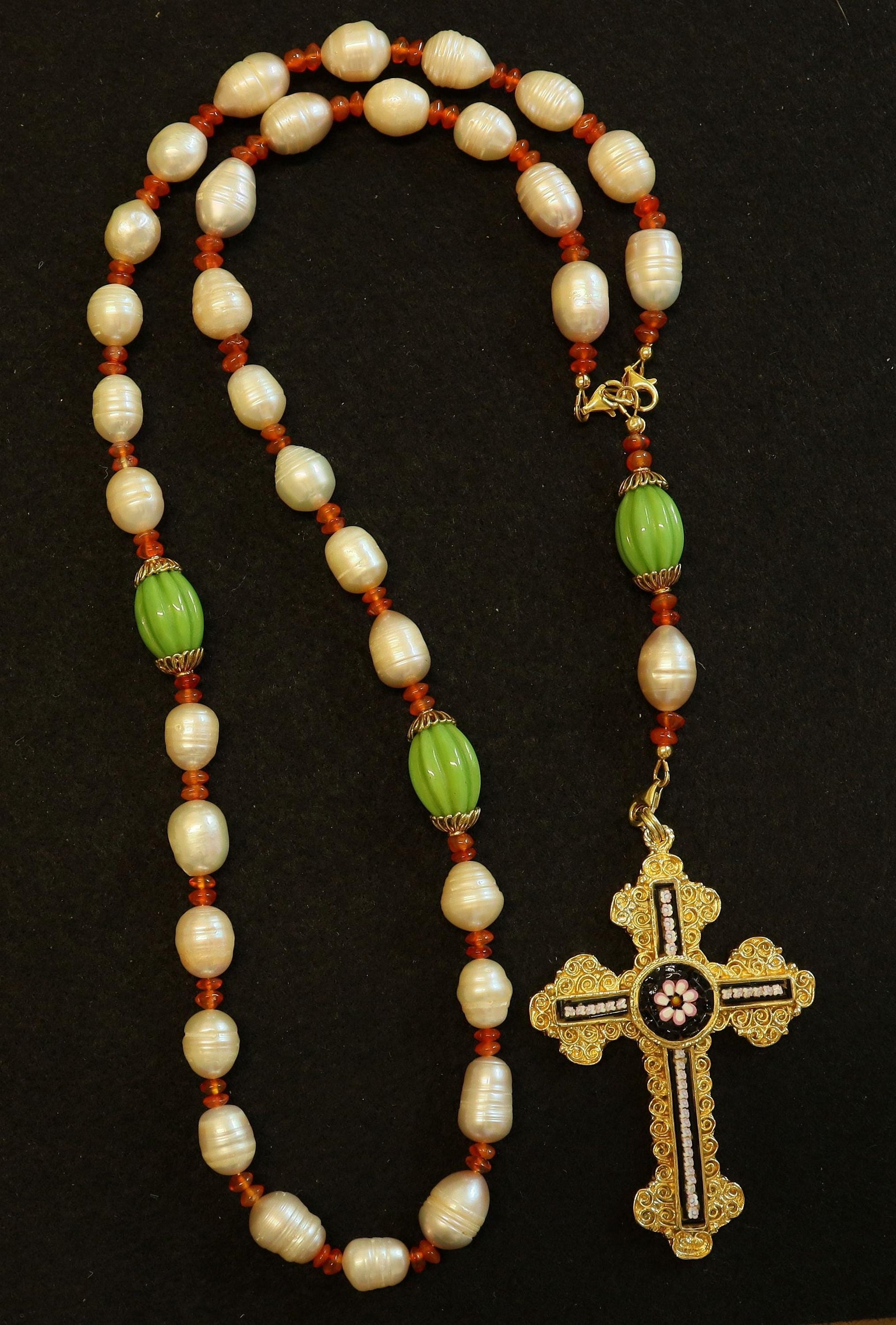 3 Way Wearable Beaded Chotki Komboskini Christian ORTHODOX Rosary with Pearls, Agates, Gold & Micromosaic Cross