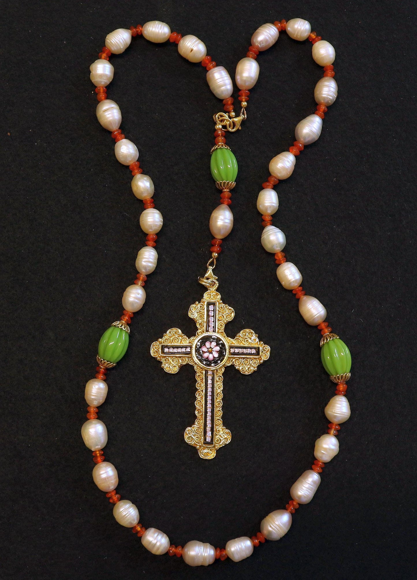 3 Way Wearable Beaded Chotki Komboskini Christian ORTHODOX Rosary with Pearls, Agates, Gold & Micromosaic Cross