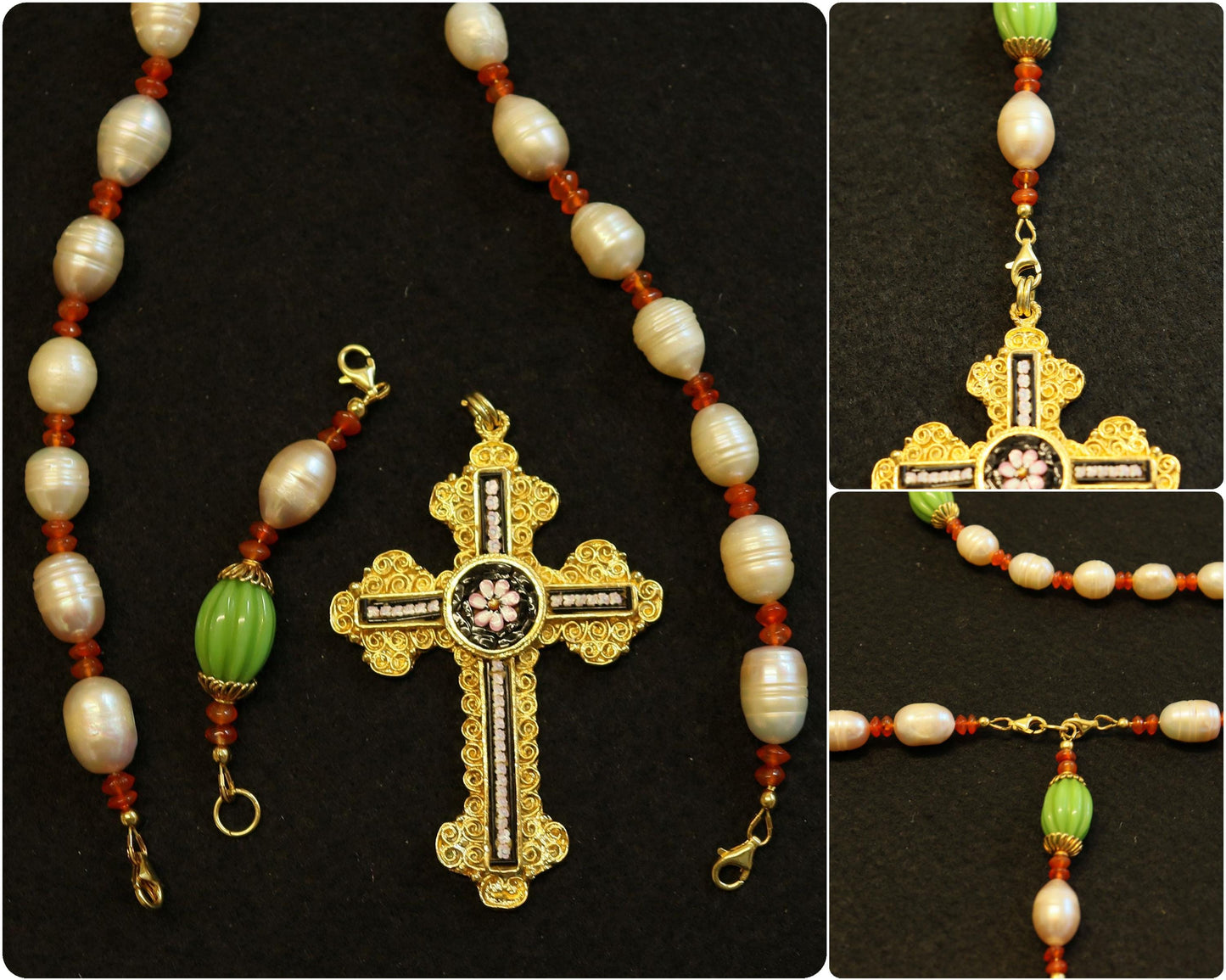3 Way Wearable Beaded Chotki Komboskini Christian ORTHODOX Rosary with Pearls, Agates, Gold & Micromosaic Cross