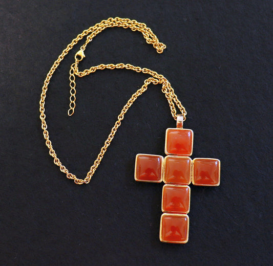 Butterscotch Amber Cross Pendant: Vermeil Sterling Silver Chain, Large Double-Sided Medal